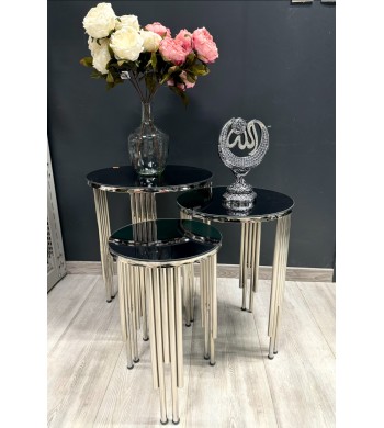 Set de 3 tables d’appoint en verre Silver