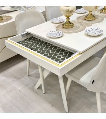 Table extensible en bois laqué blanc finition doré 160*90cm