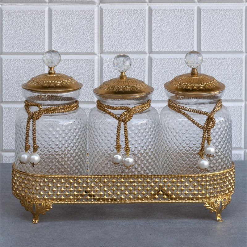 Set de 3 bonbonières avec plateau décoratif doré