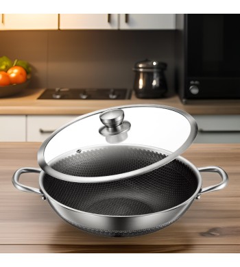 Poêle wok inox 32cm nid d'abeille compatible tous feux