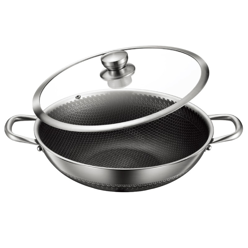 Poêle wok inox 32cm nid d'abeille compatible tous feux