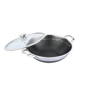 Poêle wok inox 32cm nid d'abeille compatible tous feux