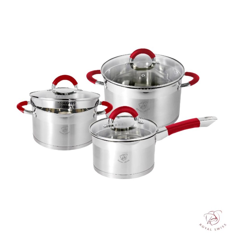 Set de 3 casseroles avec passoire intégrée - Sauce pan induction rouge